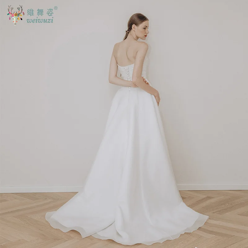 간단한 흰색 a 라인 새틴 Strapless 신부 웨딩 드레스 프랑스 스타일 우아한 a 라인 신부 드레스 웨딩 사진 의류