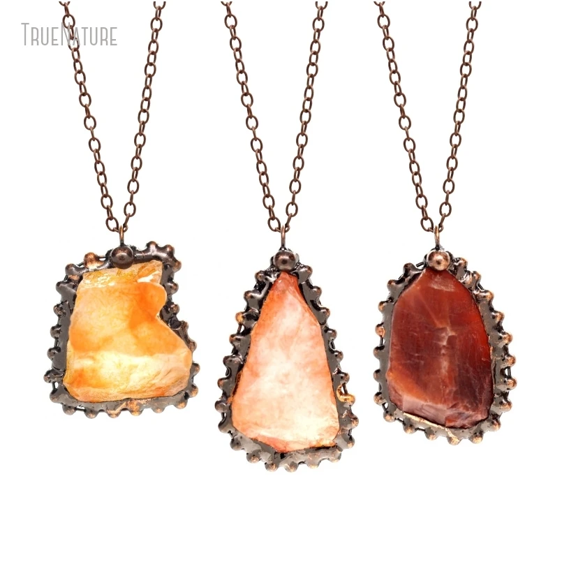 5Pcs Wholesale Antique Bronze Color Copper Tin Red Quartz Crystal Soldered Free Form Nugget Vintage Handmade Jewelry Necklace