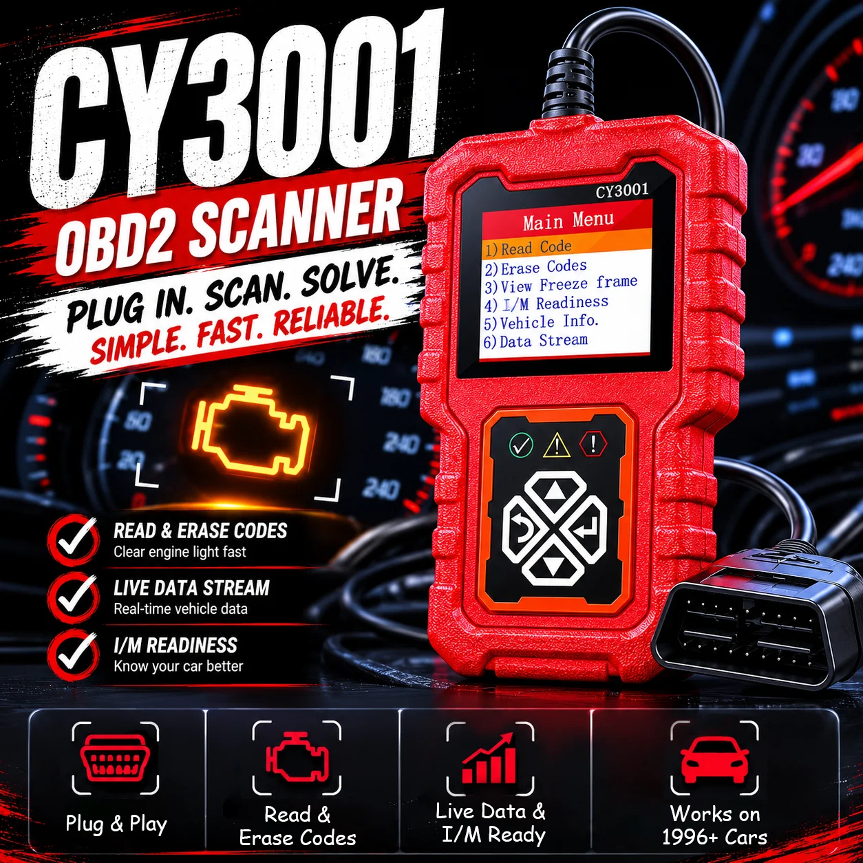 Cy3001 Universal Obd Ii Scanner Automotive Engine Fault Code Reader Read & Erase Error Codes Compatible Post-1996 Vehicles（Red）