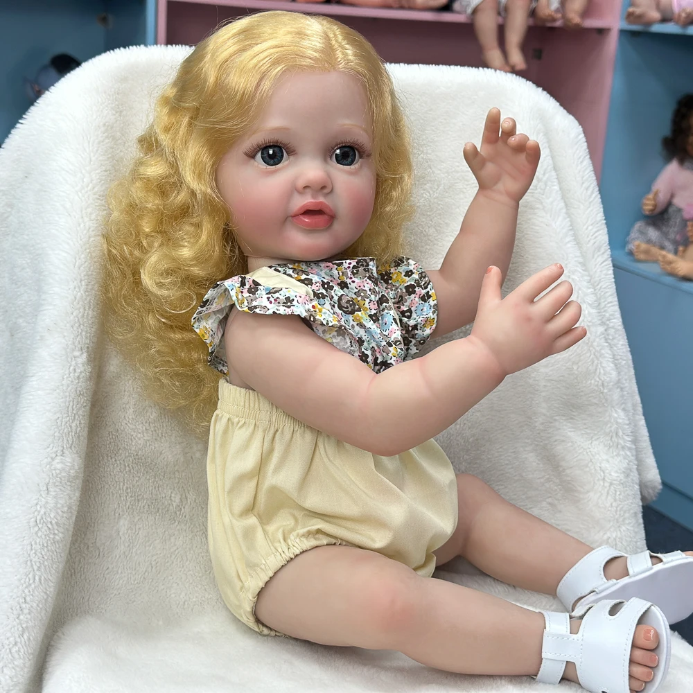 Bambola Reborn Girl in vinile da 22", capelli lunghi biondi, caratteristiche squisite, occhi azzurri, posizionabile, confezione regalo per collezionisti