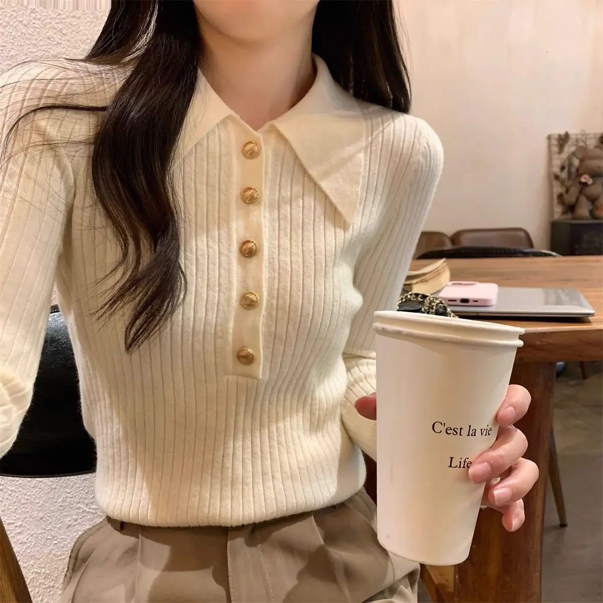 New POLO Collar Button Design Knitted Base Sweater Women's Fashionable Slim Fit Sweater Inner Top