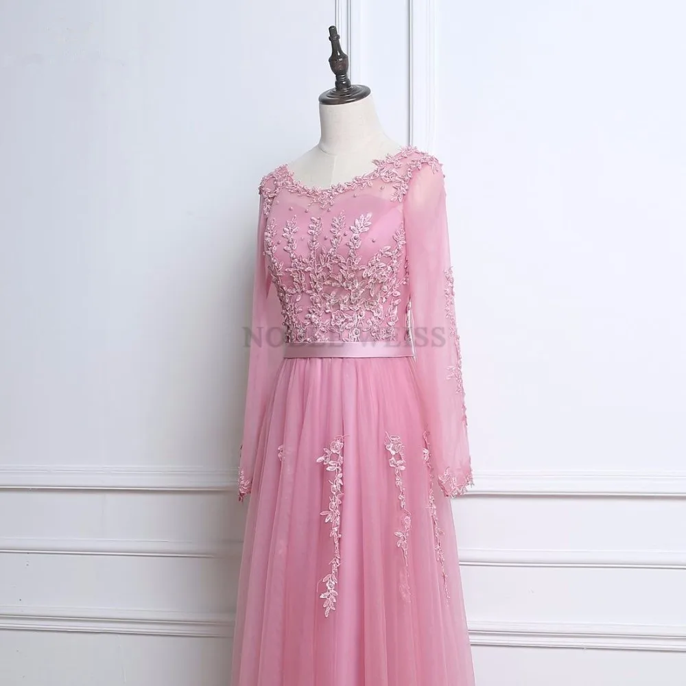 ロング A ライン イブニング ドレス O ネック アップリケ ビーズ プロム パーティー ドレス 長袖 カスタマイズ