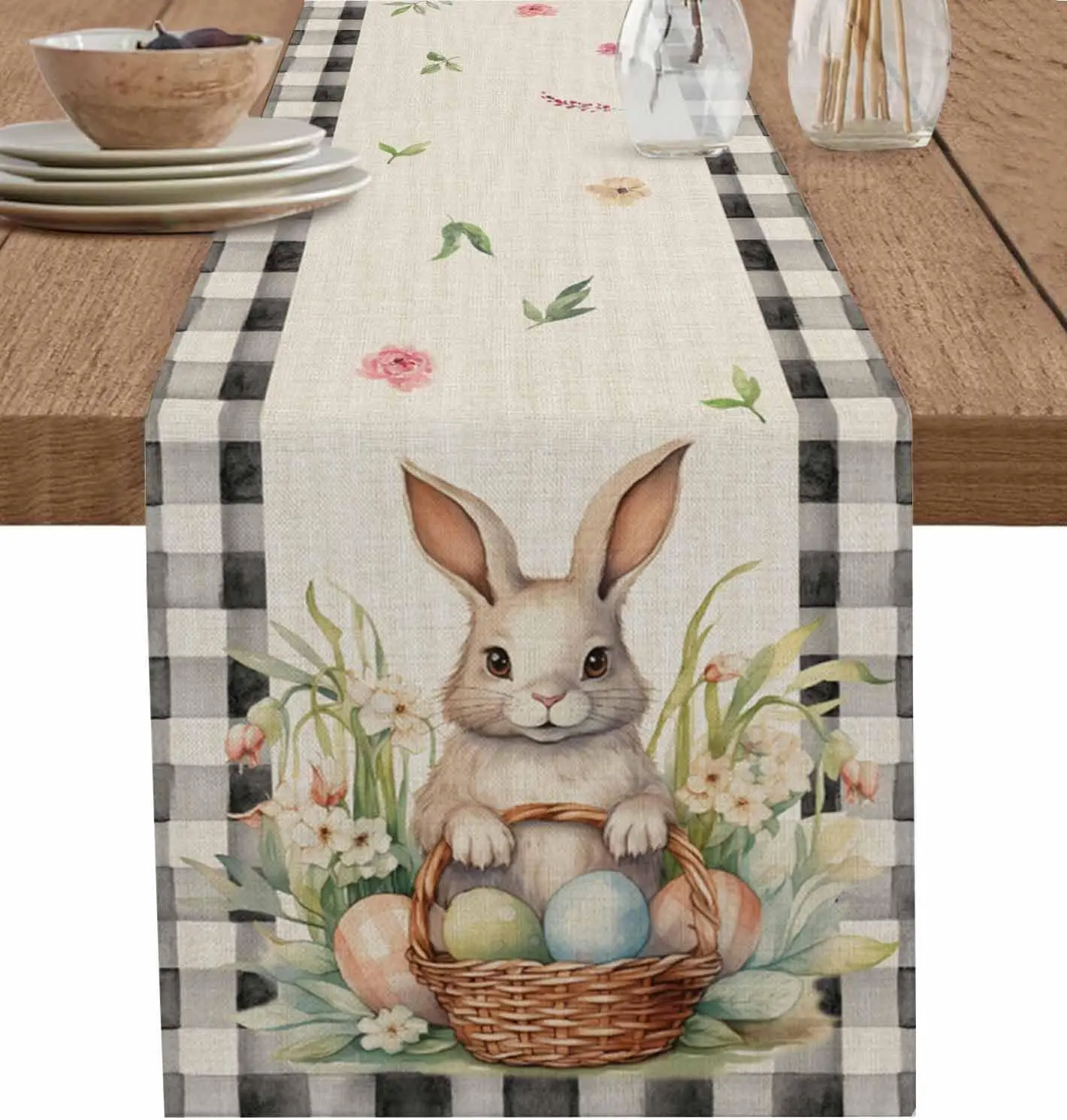 Easter Basket Bunny Egg Plaid Linen Table Runner Dresser Scarves Spring Floral Leaves Table Runners for Party Dining Table Decor