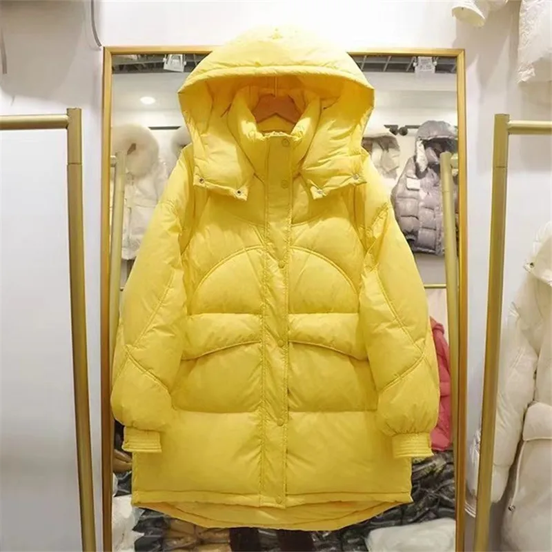 2024 New Women Down Jacket Winter White Duck Down Fashion Loose Hooded Frivolous Down Jacket Female Medium To Long Parker Coat