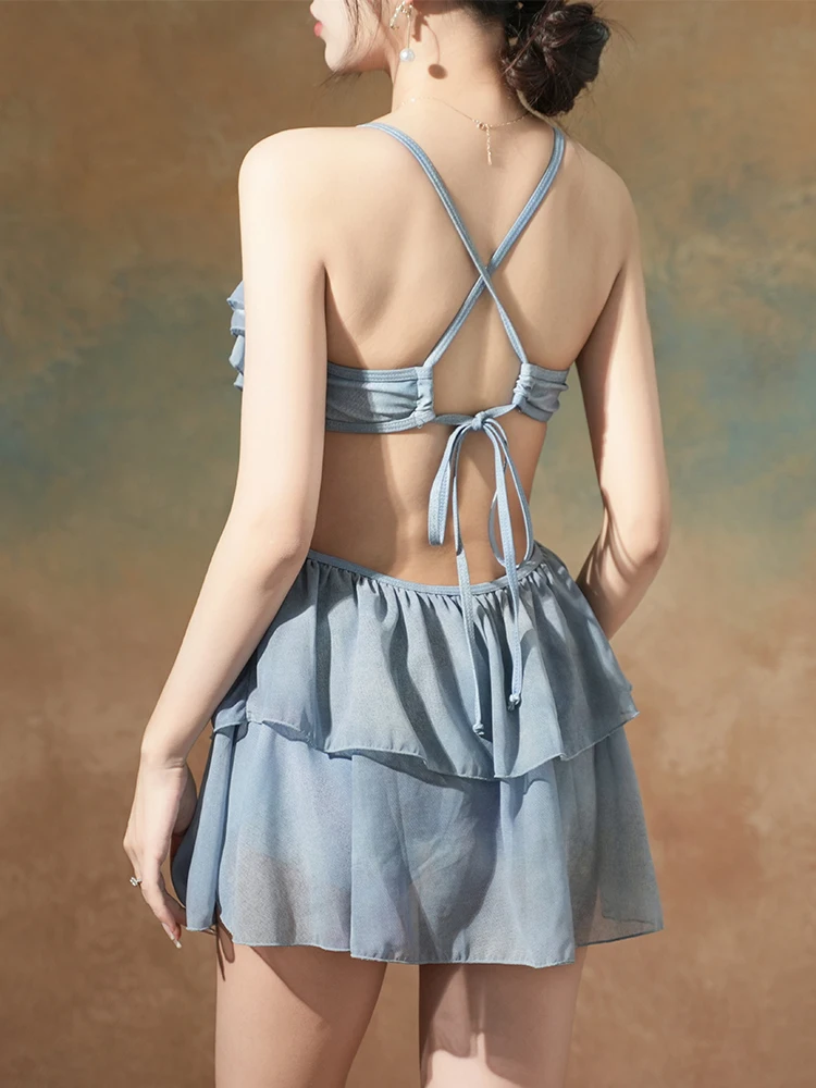 Conservative Sexy Backless 2025 New Ruffle Fairy Swimsuit Female Summer Elegant Sweet Lace-up V-neck Backless Party Swimwear