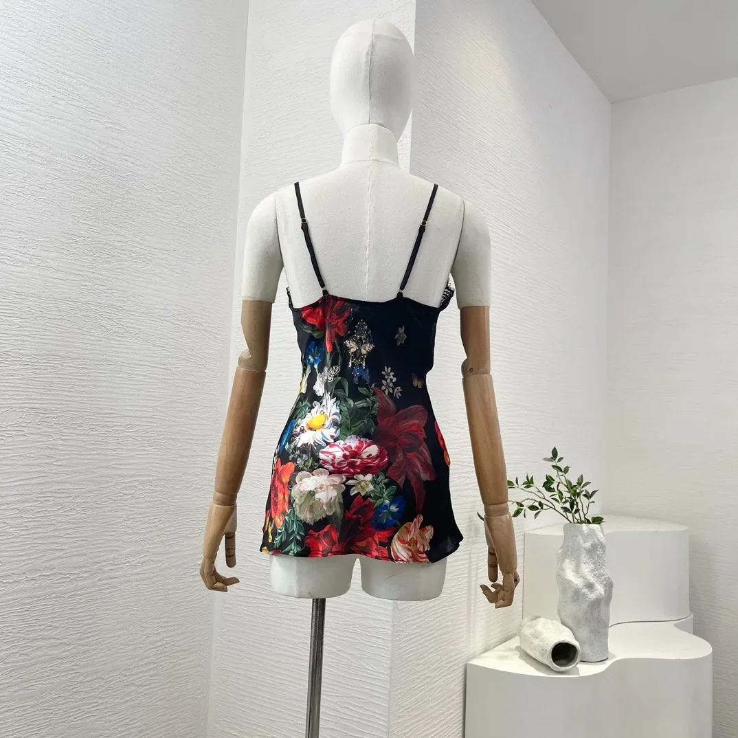 Black White Pullover Flower Butterfly Print Lace Patchwork Sleeveless Diamonds Pressed Vest Tops High Quality 2024 Slik Summer