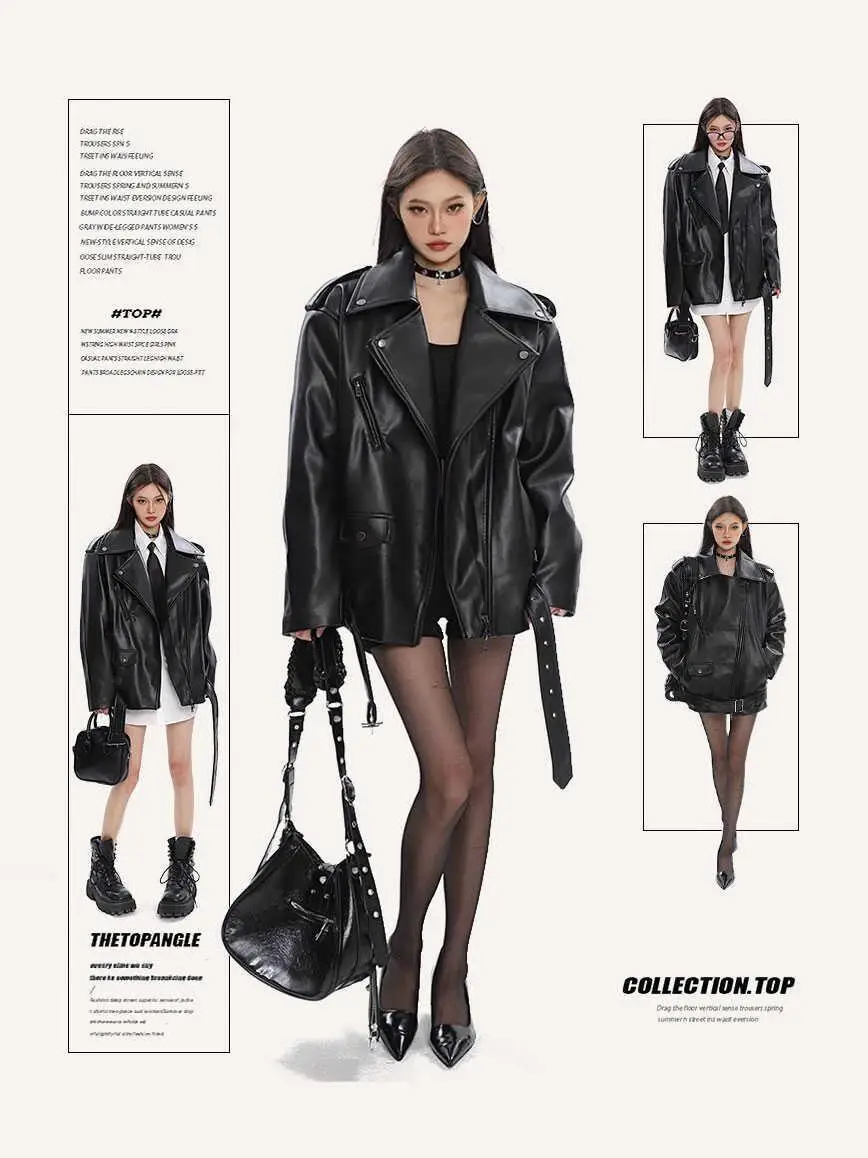 

Women Leather Jacket Autumn Coat Vintage Motorcycle Jackets Y2k Mustang Coats Harajuku Black Goth Outfits 2000s Winter Outerwear