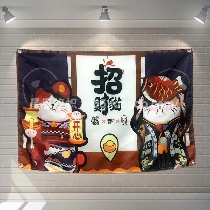 Japanese Ukiyo-e Lucky Cat Tapestry Poster Banners Paintings Clubhouse Studio Wall Decoration Four Holes Hanging Flags Cloth Art