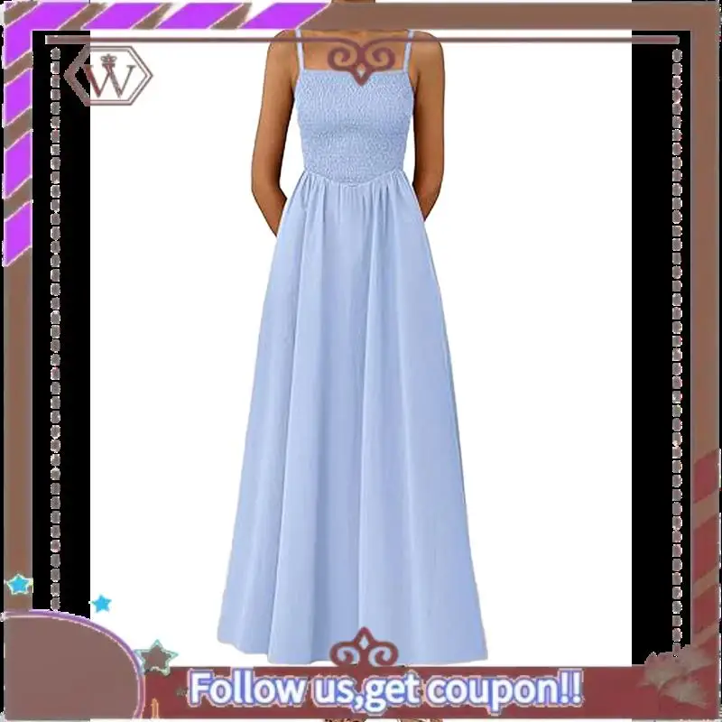 A95D-Vestidos largos de verano para mujer, vestido veraniego para la playa, vestido informal con tirantes finos y vuelo ahumado, vestido largo y fluido