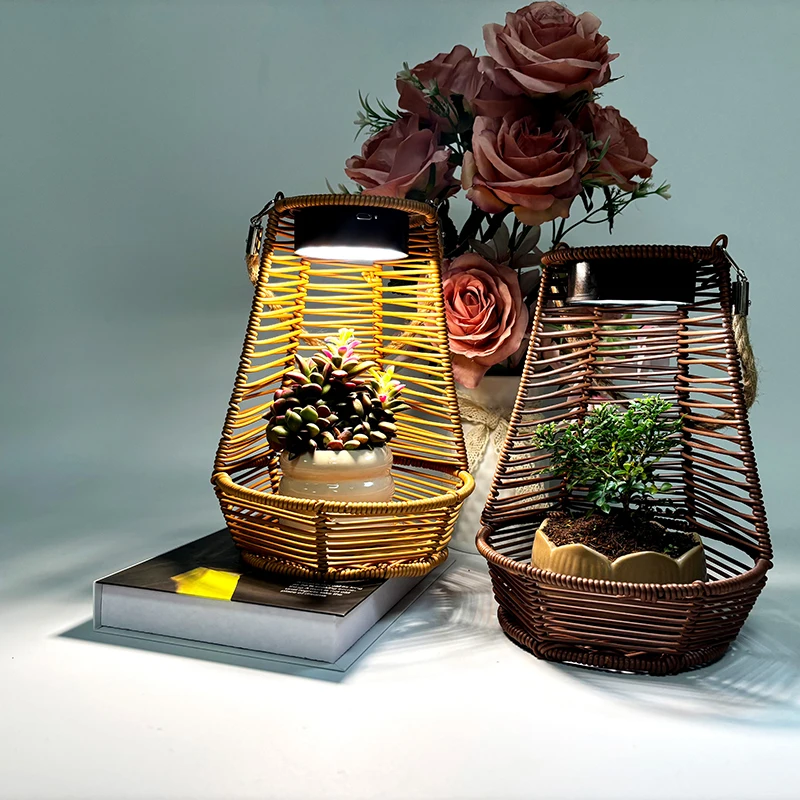 Garden Decor Battery Operated Cordless Solar Potted Rattan Portable Lantern Outdoor Light Table Lamp
