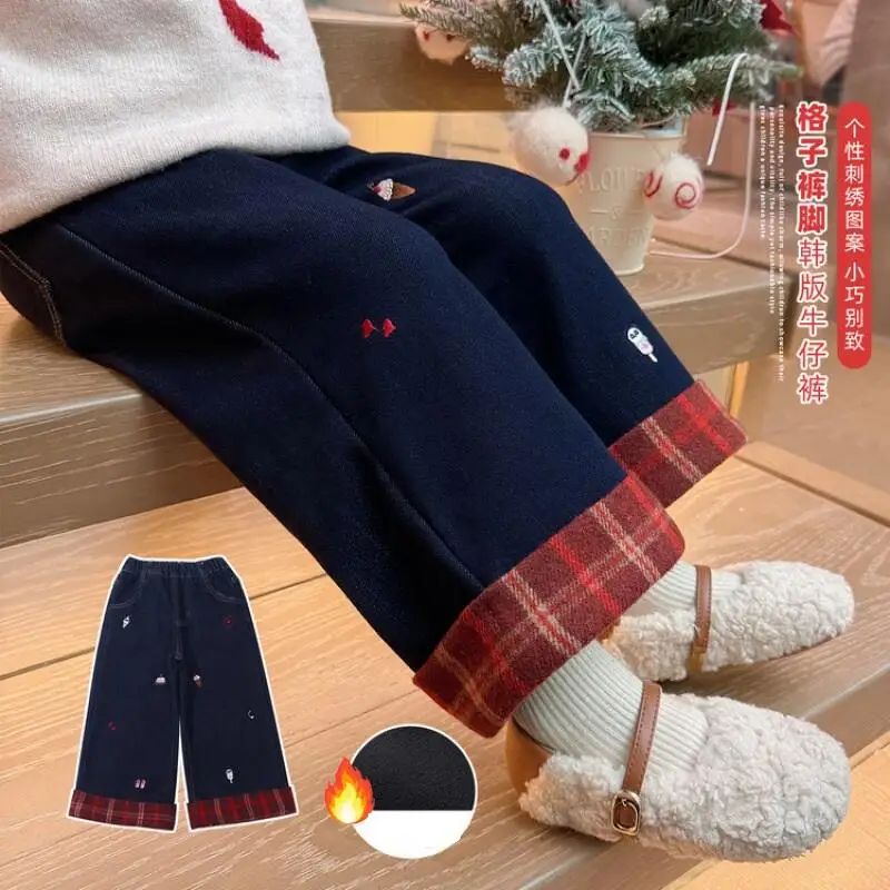 Hot Girl Winter Thicken Jeans Autumn Printing Rolled Edge Straight-Leg Pants Child Keep Warm Kawaii Fashion New Casual Clothing