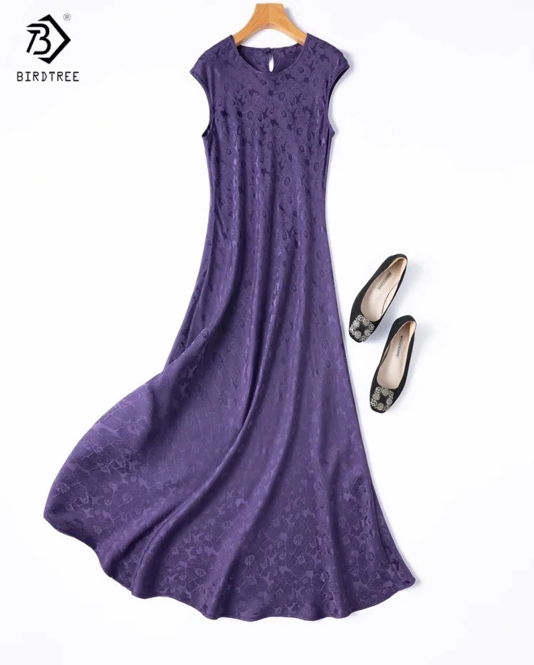 Birdtree Women's 100%  Silk Dress,Bias-cut Solid Sangpu Satin Jacquard O-neck Short Sleeved Dresses,2025 Summer D55744JF