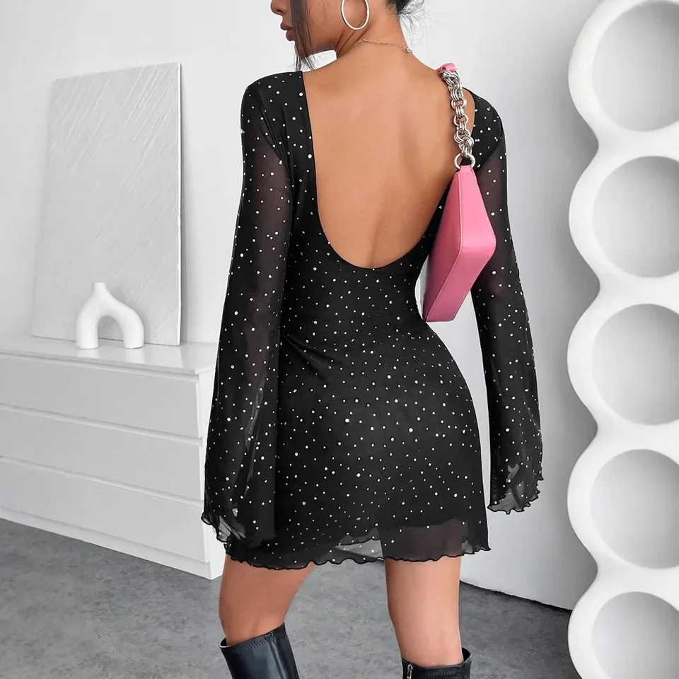 

Women's Dresses New Spring Autumn Sexy Backless See Through Mini Dresses Streetwear Fashion Long Sleeves Elegant Club Party Robe