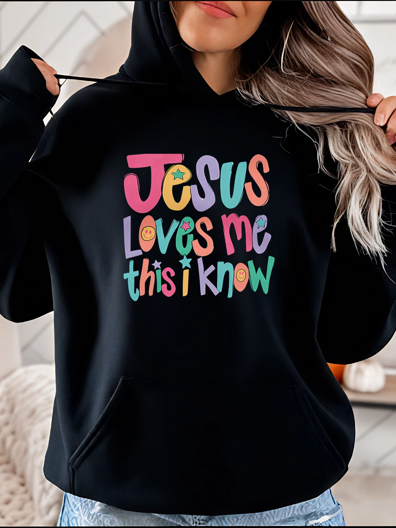 Jesus Loves Me This I Know Print Hoodie Casual Style Colorful Letter Design Women's Daily Wear