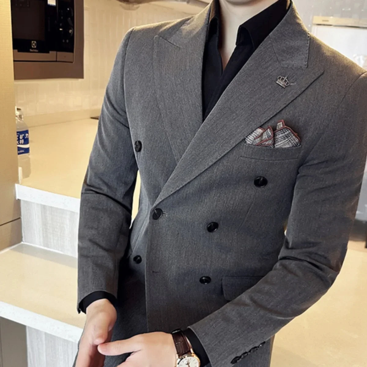 Korean Slim Fitt Double Breasted Blazer Jacket Men Clothing 2023 Autumn Casual Business Blazers Office Social Wedding Dress Coat