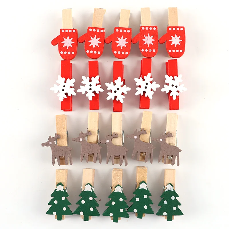 (20pcs/pack)18*36mm Cartoon Snowflake Pattern Wooden Clip Decoration Postcard Memo Gift Packaging Xmas Photo Wall DIY