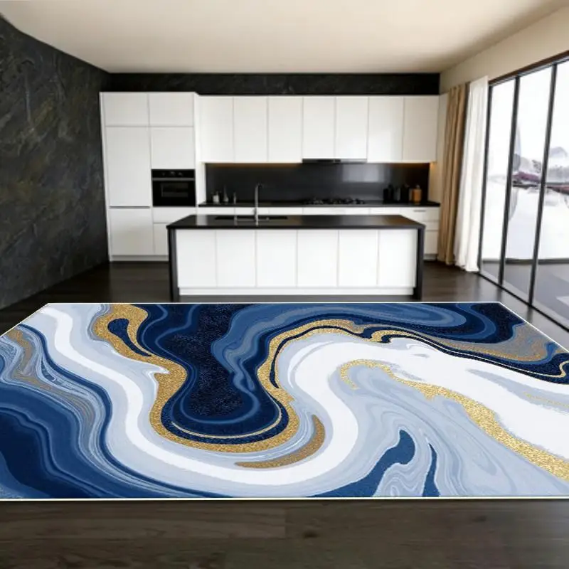 Modern Blue Gold Marble Swirl Fluid Rectangular Commercial Floor Rug Welcome Decor For Kitchen Dining Room