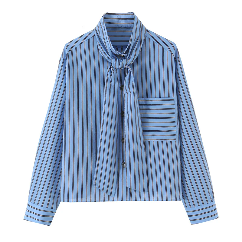Guobioziy 2026 Women's Shirt Fall New Arrival Blue Striped Long-Sleeve Loose Shirt with Tie Casual Fashion Versatile Style