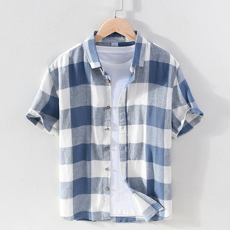 

Big Plaid Linen Short Sleeved Men's Shirts Summer New Cotton Flax Casual Shirts Fashion Soft Slim Square Collar Breathable Top