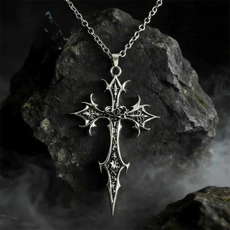 A Gothic Double-Sided Cross Pendant Necklace, Featuring a Unique Design with a Hip-Hop Style And Vintage Punk Additions
