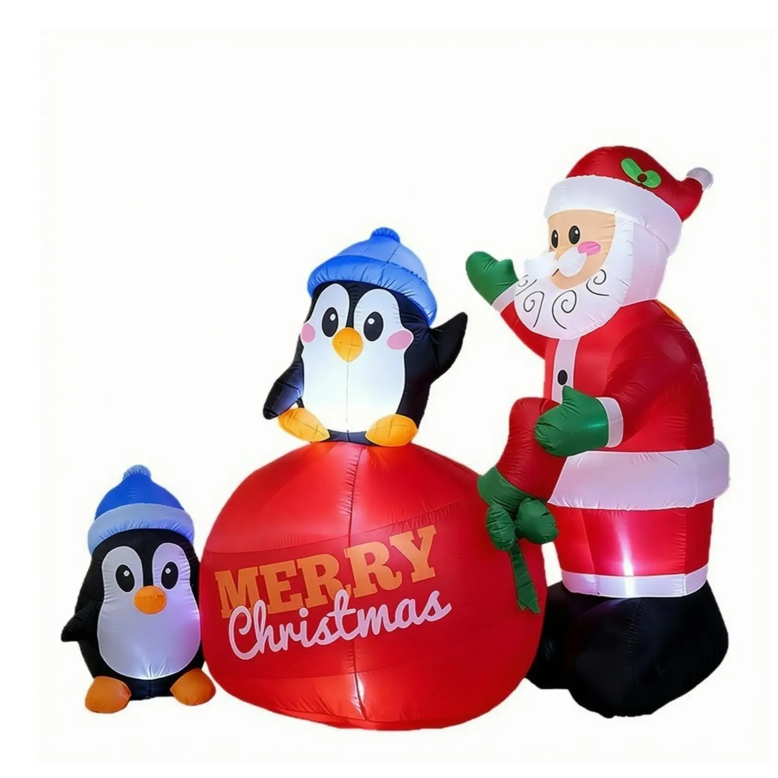 Quick Inflate Christmas Santa with Penguins and Gift Bag for Outdoor Holiday Yard Decoration