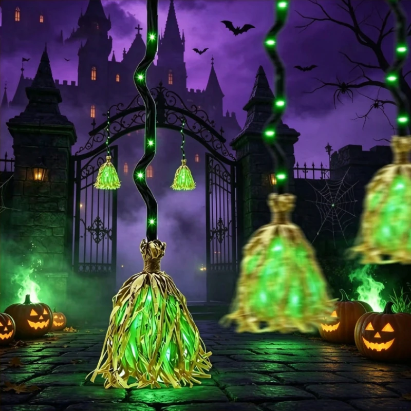 Halloween Glowing Magic Witch Broom with Sound Effects Auto Jumping Broomstick Haunted House Escape Room Party Indoor Decoration