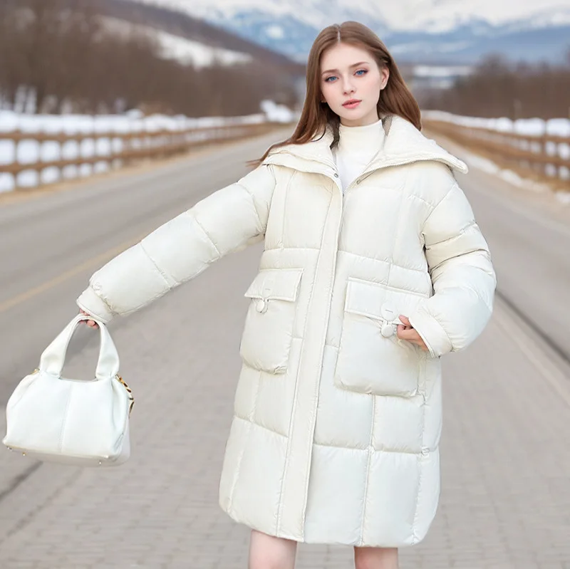 러플 여성용 겨울 파카 재킷 솔리드 빅 포켓 패치워크 루즈핏 여성용 퀼트 재킷 여성용 긴 다용도 코트