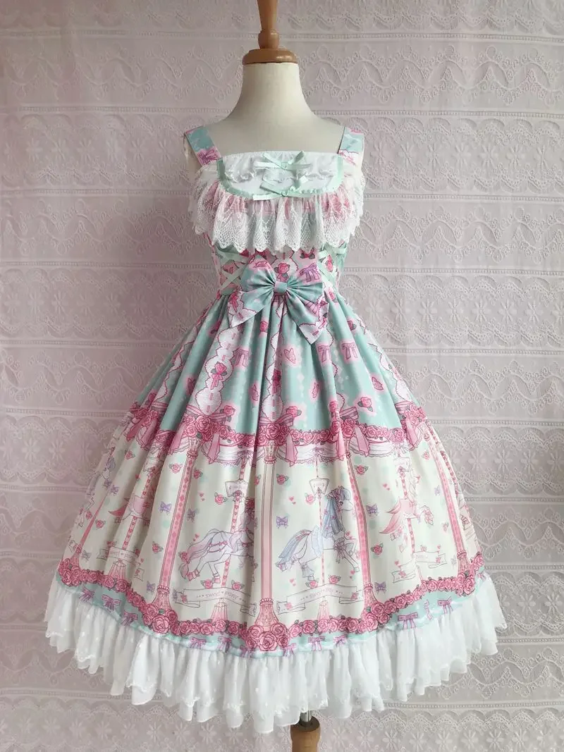 Rose & Karussell Gedruckt Süße Lolita Kleid Ärmel Midi Chiffon Kleid durch Yiliya ~ Pre-auftrag