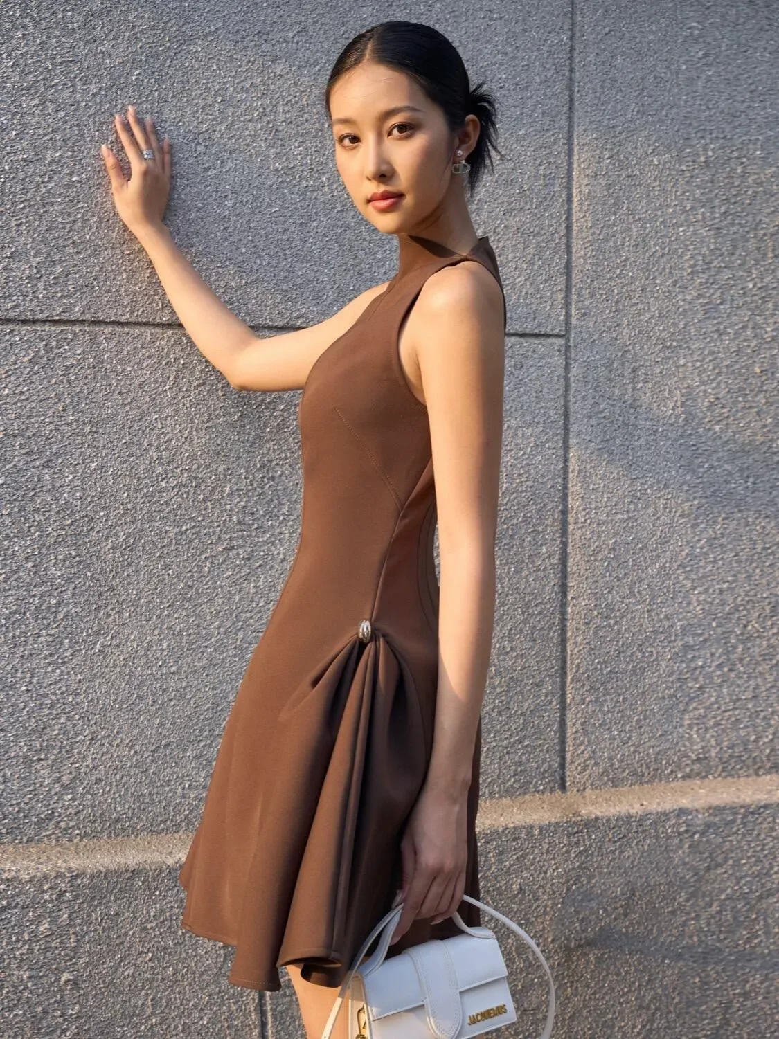 Women Sleeveless Slim dress Asymmetrical Collar Waist Ball Gown Mini Dress