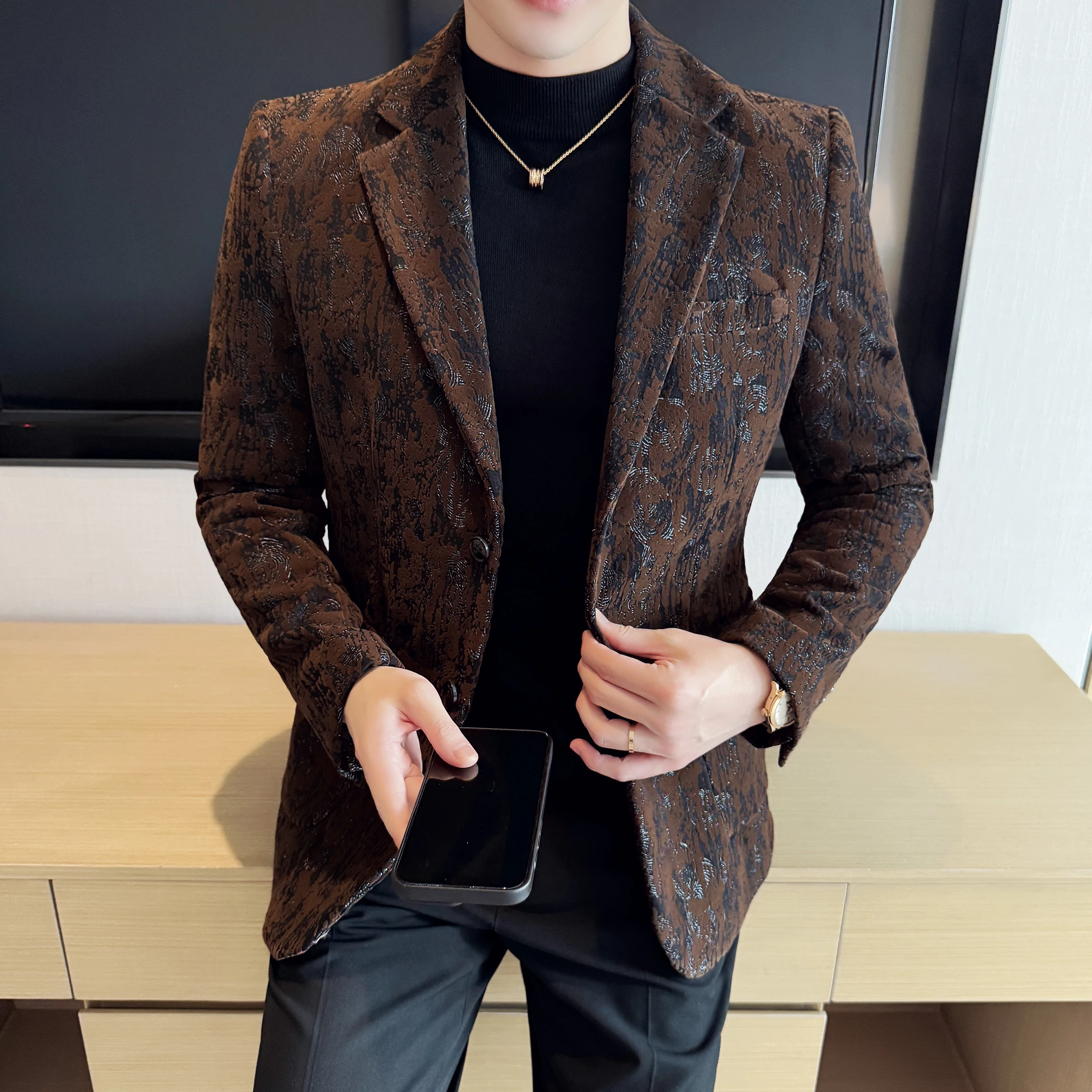 

High Quality Plush Jacquard fashion Suit Jacket Korean Version Slim Fit Business Retro Casual Social Wedding Suit Blazer 5XL-M