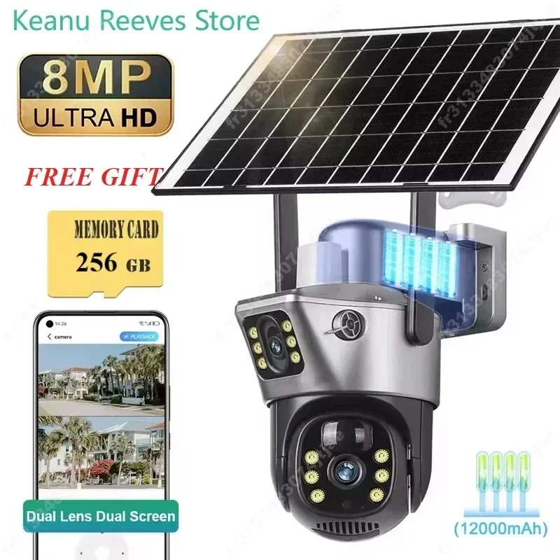Caméra solaire double écran 4K 8MP, carte mémoire 256G gratuite, WiFi extérieur sans fil, PTZ, double objectif, Protection de sécurité, suivi automatique, vidéosurveillance