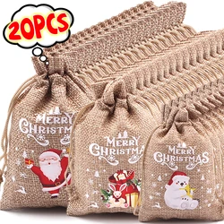 Christmas Linen Gifts Bags Candy Cookie Drawstring Pouches Xmas Tree Hanging Ornaments Party Gift Jewelry Snack Package Bags