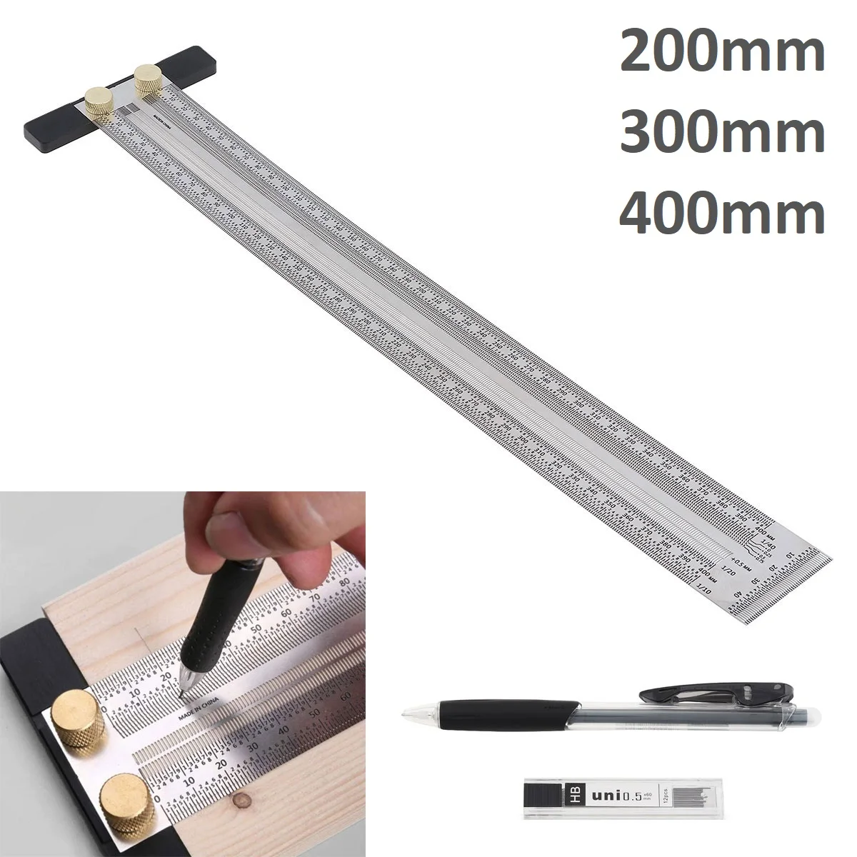 

300mm Stainless Woodworking T-Type Scale Hole Ruler Scribe Drawing Mark Line Measuring Tool Gauge Carpenter DIY Tools