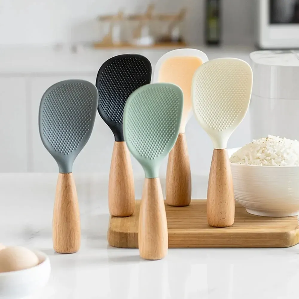 1Pc Silicone Spoon Non-stick Cooking Spoon Anti-scalding Pot Rice High-temperature-resistant Spoon Durable Kitchen Gadgets