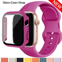 Glass+Case+Strap For Apple Watch band 44mm 41mm 45mm 40mm 38mm 42mm Silicone bracelet iWatch series 9 8 3 4 5 6 se 7 watchbands