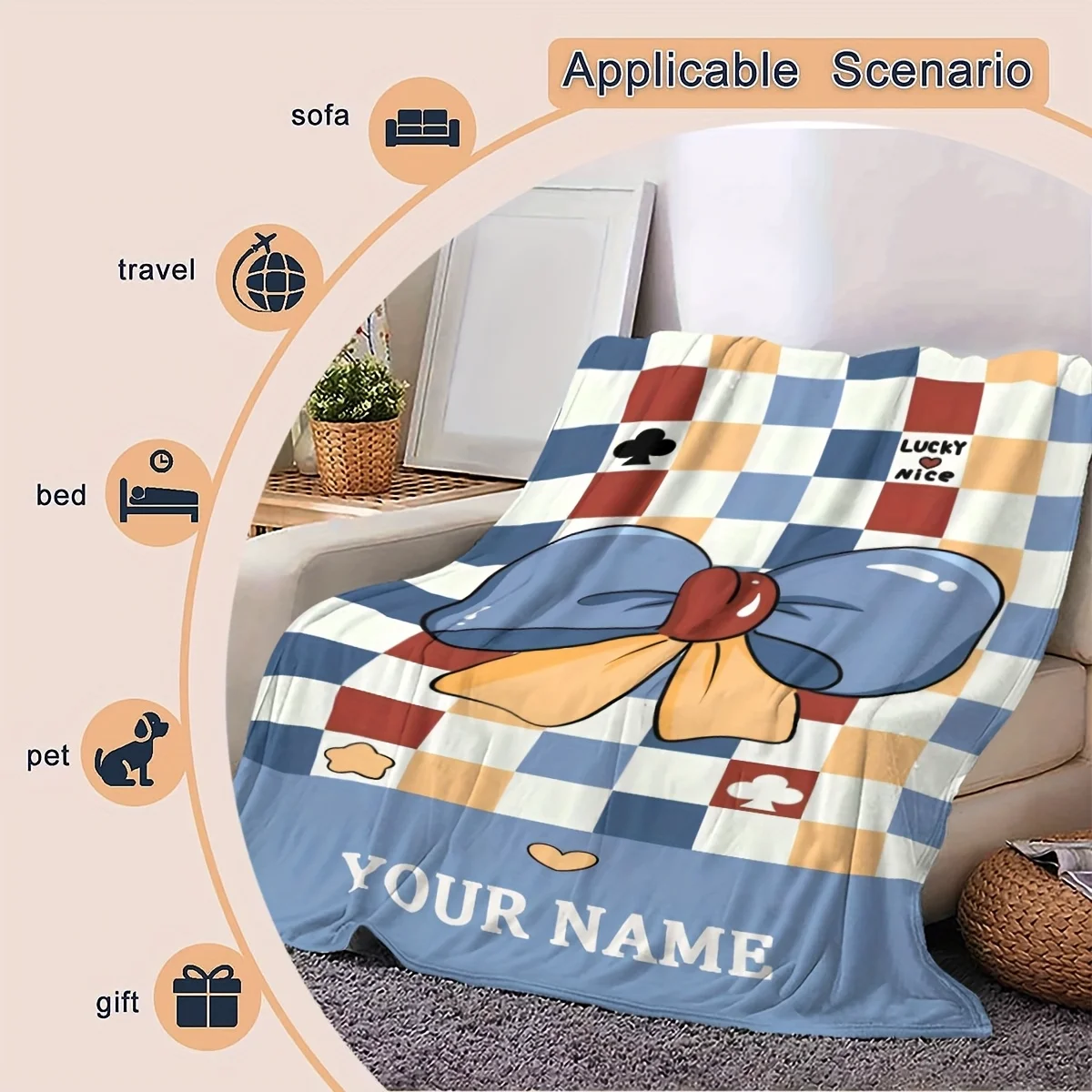 بطانية من الفلانيل بعقدة على شكل فيونكة مخصصة، مناسبة للأريكة والسرير وأعياد الميلاد والأطفال والأصدقاء والهدايا