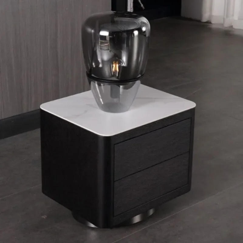 Italian Light Luxury Rock Panel Bedside Table Smoked Wood Color Designer Nightstand Bedroom Storage Bedside Cabinet