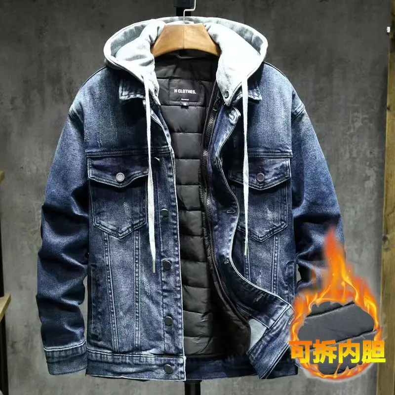 Plush Denim Hooded Jackets Fashion Winter Casual Removable Thicken Hole Loosed Jeans Coats Brand Clothes Mens Jacket Ropa Hombre