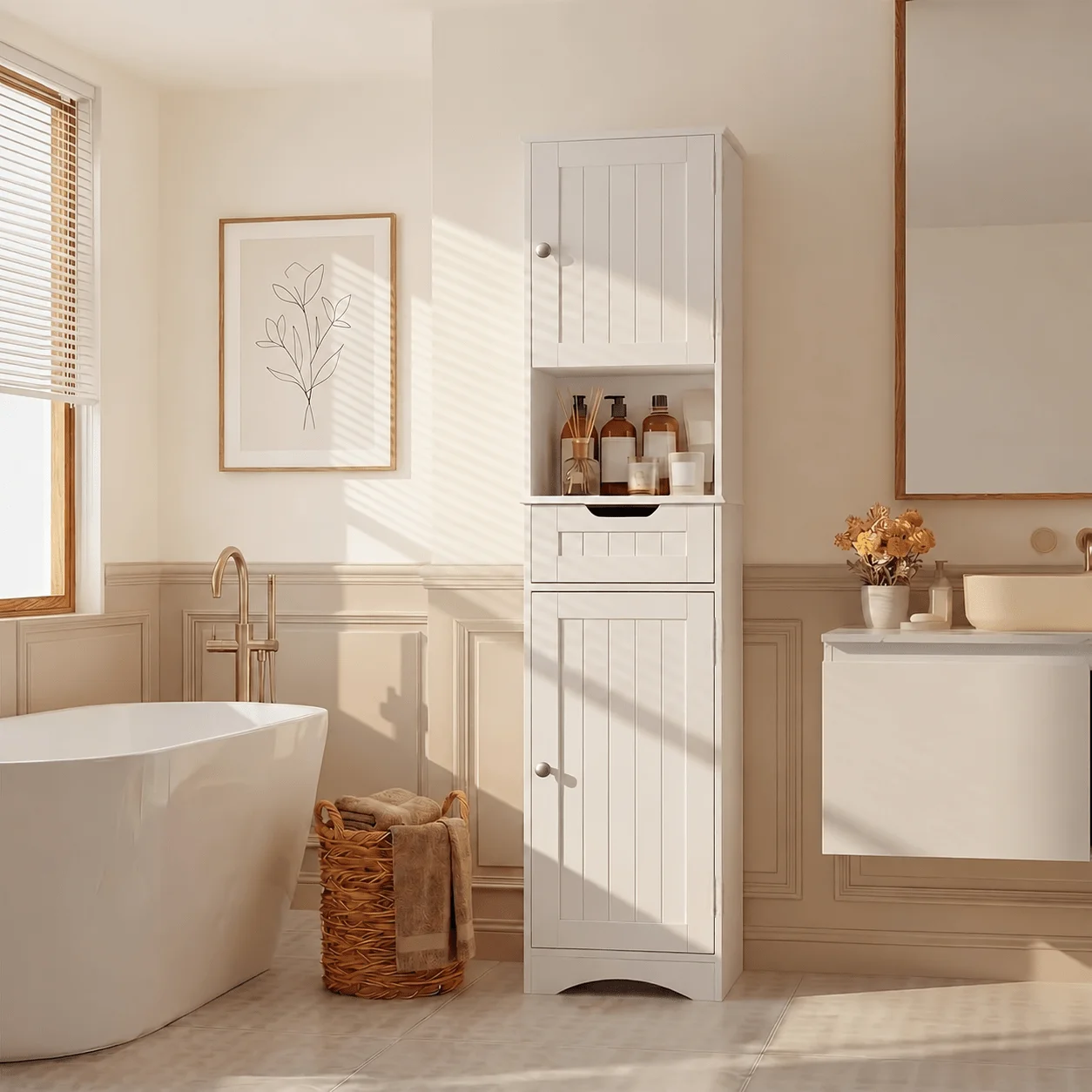 Tall Bathroom Cabinet,Storage Cabinet With 5 Shelves & 1 Drawer, With Adjustable Shelve, For Bathroom, Kitchen, Entryway, Living