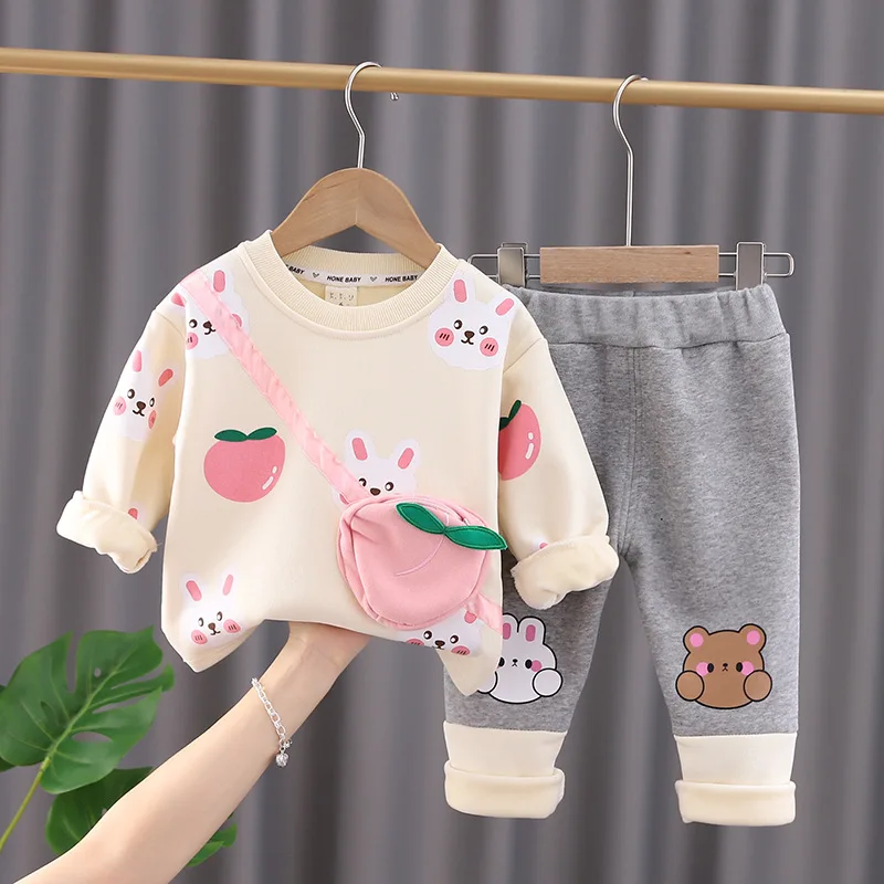 Winter Baby Girl Clothes 12 To 24 Months Cartoon O-neck Plush Velvet Long Sleeve Sweaters and Leggings Kids Set Christmas Outfit