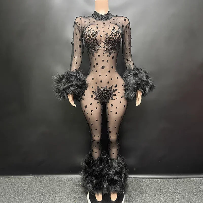 Luxe sexy glanzende steentjes veren lange mouw bodycon jumpsuit avondjurk zanger elasticiteit verjaardag jurken kostuum