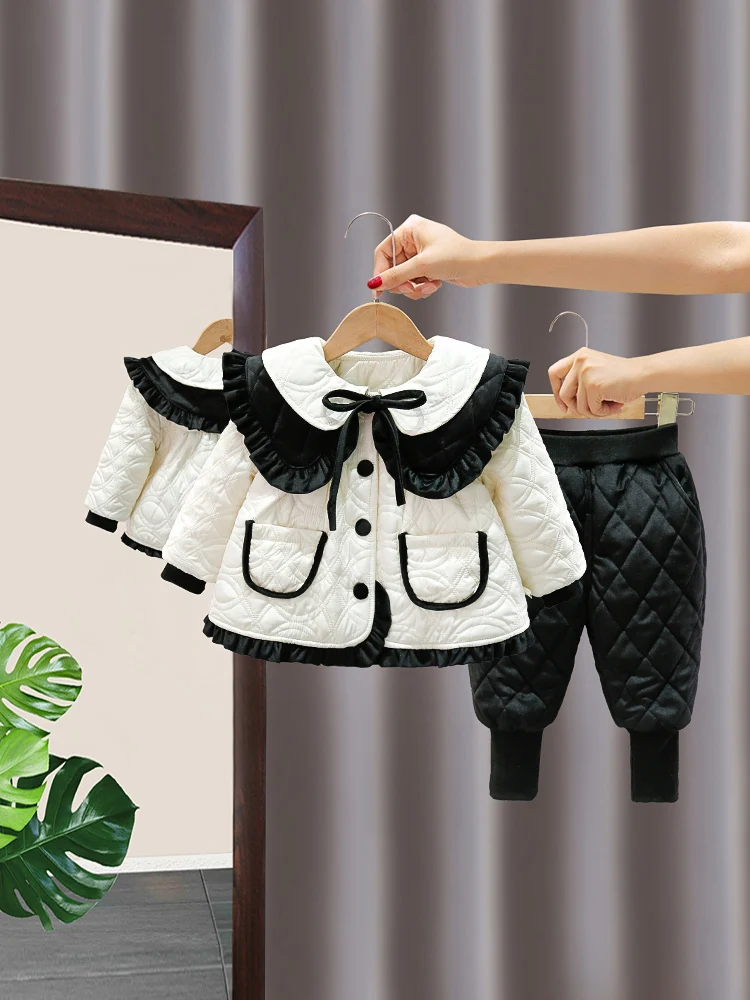 

1-5Y Baby Girls Clothes Set Fashion Peter Pan Collar Cotton Jackets Pants Two Piece Suits Autumn Winter Cute Kids Outfits