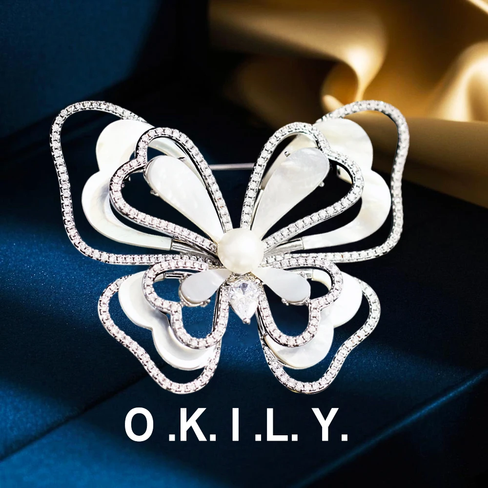 OKILY Luxury Exaggerated Natural White Fritillary Butterfly Brooch Personalized Double-layer Large Broche Coat Pearl Accessories