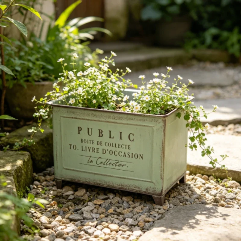 Four Legged Antiqued Ironwork Flower Pot Green White Retro Rectangular Cultivation Basin Home Garden Horticulture Decoration