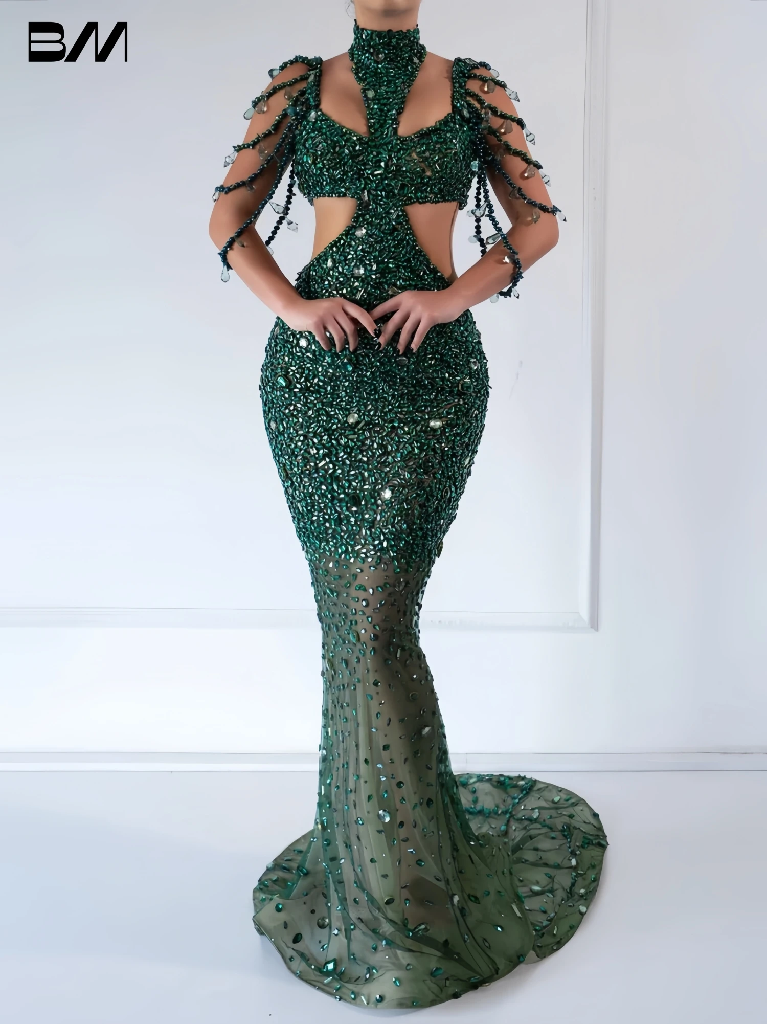 

Emerald Green Prom Dress Tassel Sleeves, Mermaid Tulle Long Customized Party Gown, Beads Crystals Formal Evening Gown