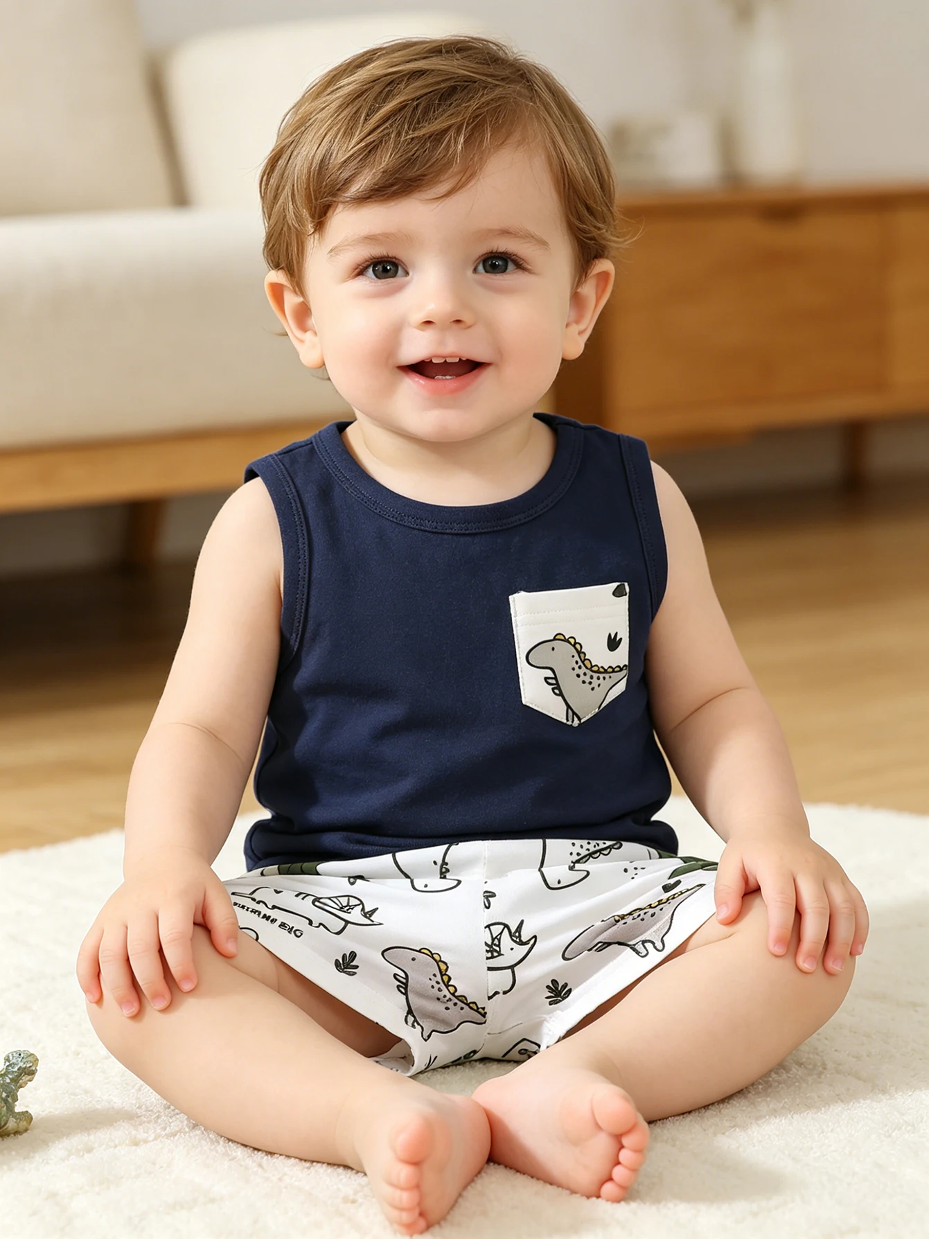 Infant Summer Sleeveless Vest and Shorts Set for Boys, Cute Dinosaur Print Casual Two-Piece Set, Newborn Home Wear, Toddler Outdoor Outfit, Refreshing Cartoon Versatile Children's Clothing