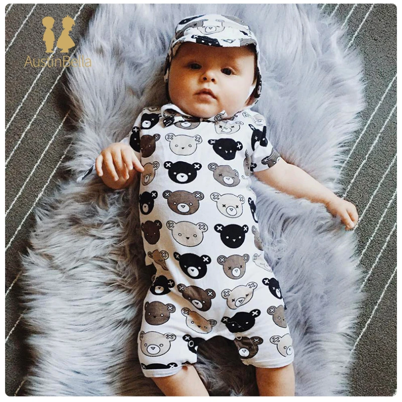 Austin&Bella Ins Style Nordic Colorful Bear Baby Summer Clothes Pure Cotton Tops Summer Baby Bodysuit Short Sleeve Baby Romper