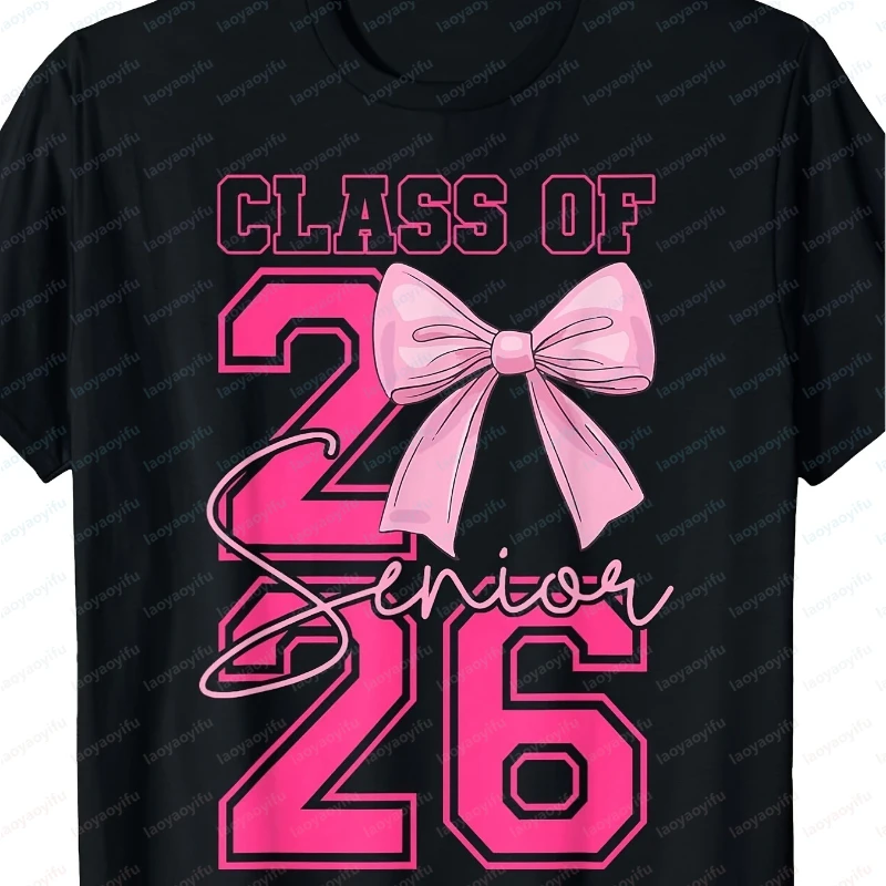 

Class of 2026 Graduation Casual Cotton Tops Pink Floral Bow Graphic Coquette Senior T-Shirt Celebration Gift Classics Women Tee