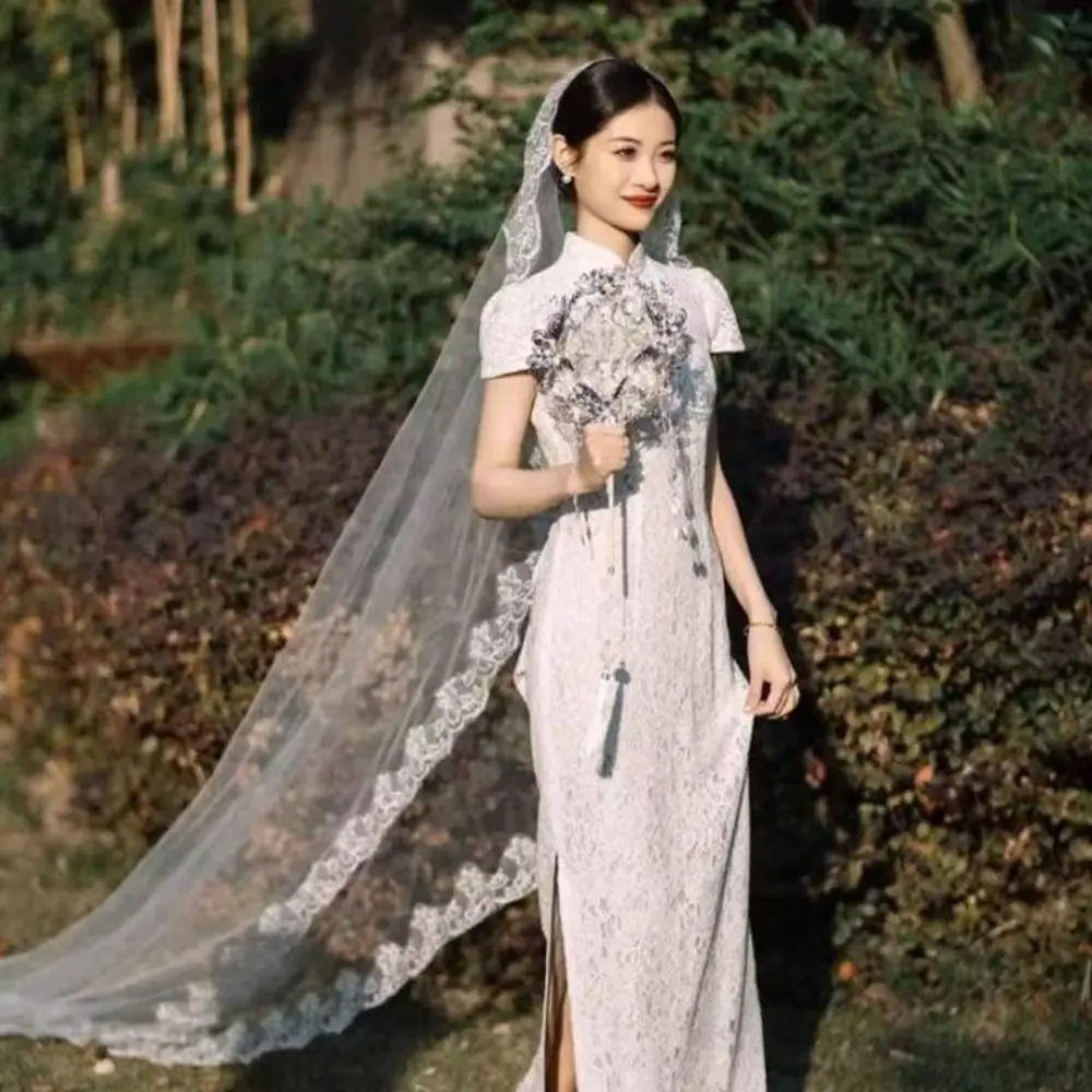 

Elegant Lace Flower Bridal Veil Long Soft Tulle Wedding Veils White Single-layer Bride Head Gauze Wedding Accessories