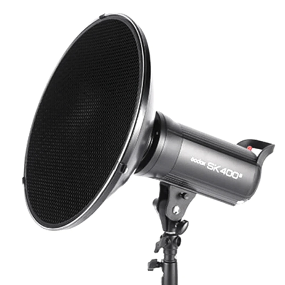 Godox Reflector de plato de belleza de montaje Bowens plateado/blanco, rejilla de panal y cubierta de difusor suave para estroboscópico de Flash de estudio, 55cm, 22"